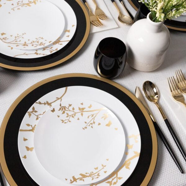 White and Gold Round Plastic Plates - Spring