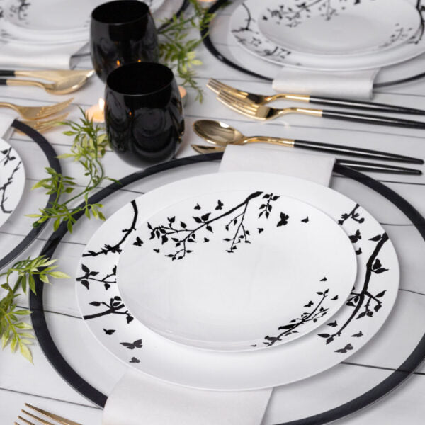 32 Pack White and Black Round Plastic Dinnerware Set (16 Guests) - Spring