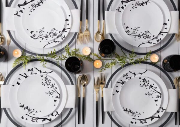 32 Pack White and Black Round Plastic Dinnerware Set (16 Guests) - Spring
