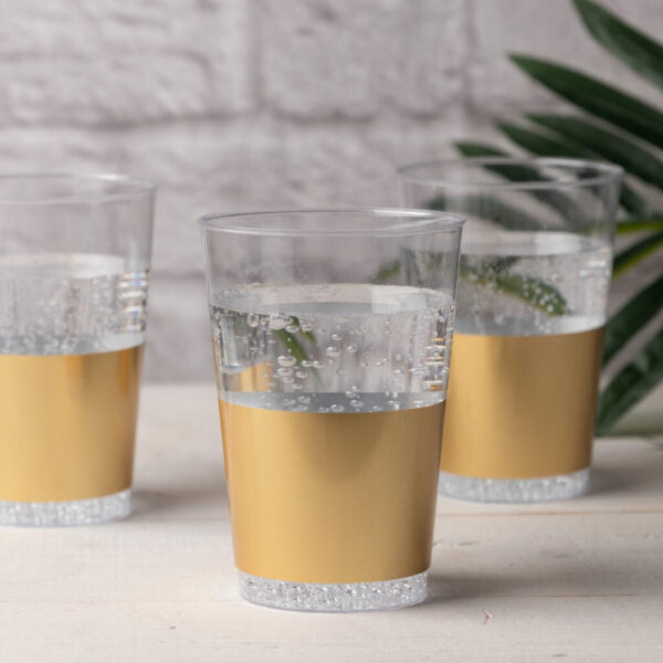 12 Oz Clear/Gold Hard Plastic Round Party Cups 10 Pack