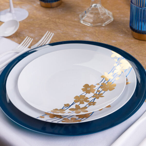 Blue and Gold Round Plastic Plates - Vine