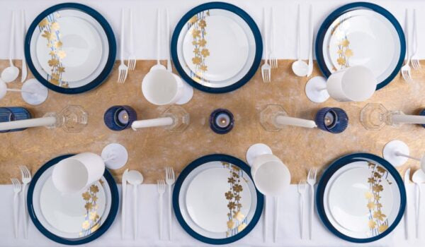 Blue and Gold Round Plastic Dinnerware Set - Vine