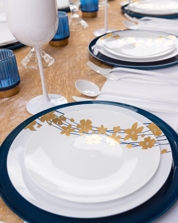 Blue and Gold Round Plastic Plates - Vine