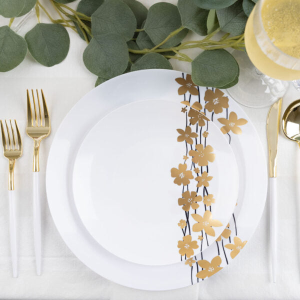 Black and Gold Round Plastic Dinnerware Set - Vine
