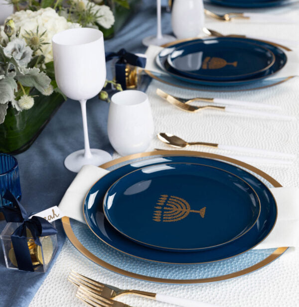 Blue and Gold Round Plastic Plates 10 Pack - Chanukah