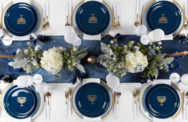 20 Piece Combo Blue and Gold Round Plastic Dinnerware Set 10.6" and 8.6" (10 Servings) - Chanukah