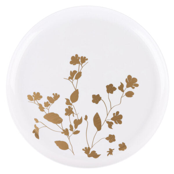 20 Pack White and Gold Round Plastic Dinnerware Set (10 Guests) - Garden