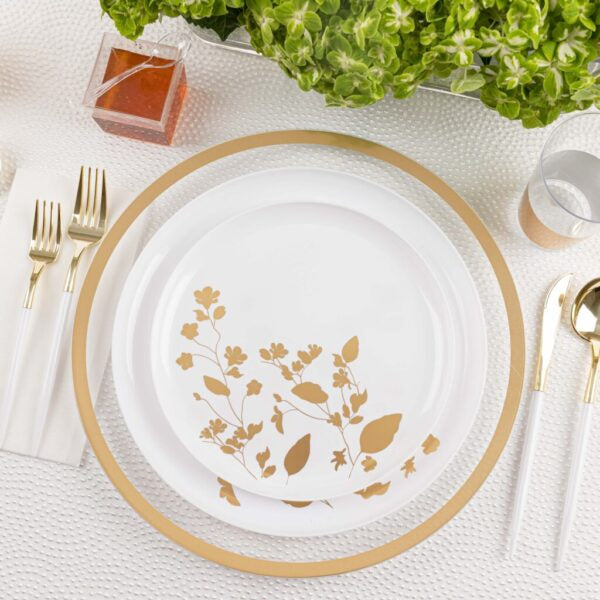 20 Pack White and Gold Round Plastic Dinnerware Set (10 Guests) - Garden