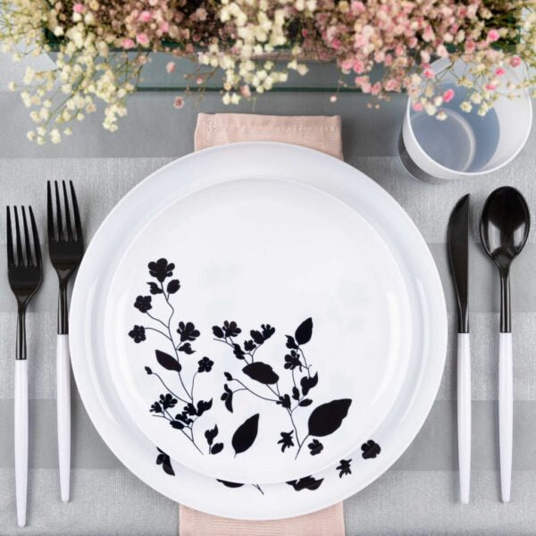 20 Pack White and Black Round Plastic Dinnerware Set (10 Guests) - Garden
