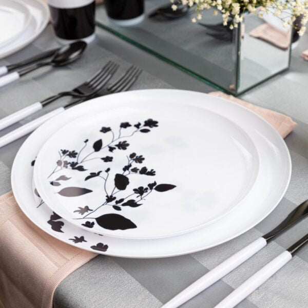White and Black Round Plastic Plates - Garden