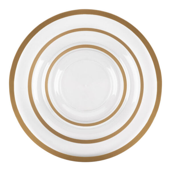 24 Pack Clear and Gold Rim Plastic Dinnerware Set (8 Guests) - Contrast