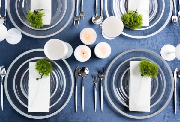 24 Pack Clear and Silver Rim Plastic Dinnerware Set (8 Guests) - Contrast