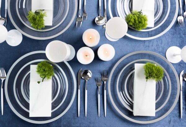 32 Pack Clear and Silver Rim Plastic Dinnerware Set (16 Guests) - Contrast