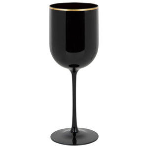 Black and gold rim plastic stemmed wine glass 