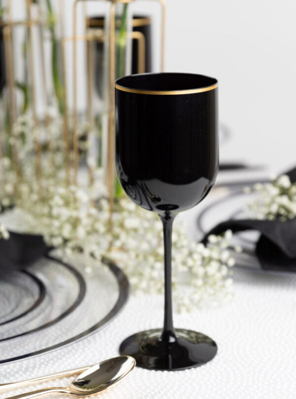 Black and gold rim plastic stemmed wine glass 12oz wine cup
