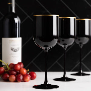 Black and gold rim plastic stemmed wine glass 12oz wine cup