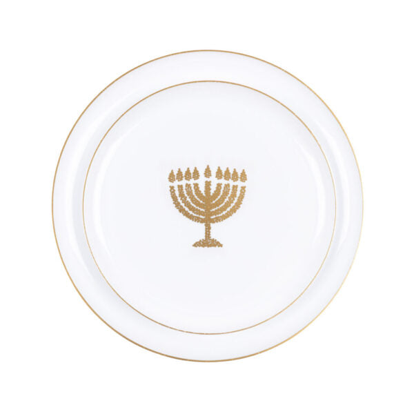 20 Piece Combo White and Gold Round Plastic Dinnerware Set 10.6" and 8.6" (10 Servings) - Chanukah