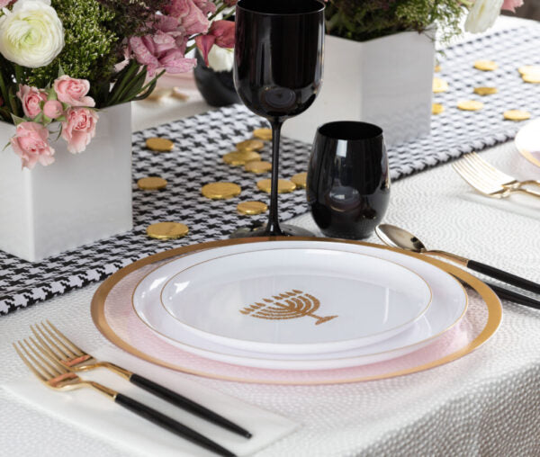 20 Piece Combo White and Gold Round Plastic Dinnerware Set 10.6" and 8.6" (10 Servings) - Chanukah