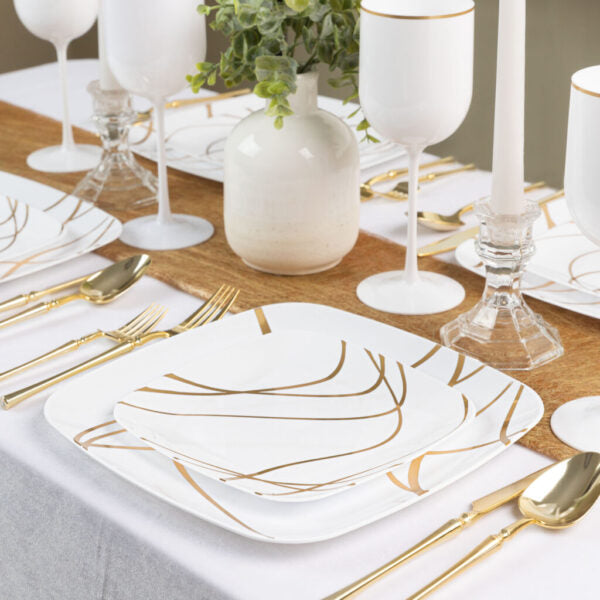 32 Pack White and Gold Square Plastic Dinnerware Set (16 Guests) - Impulse