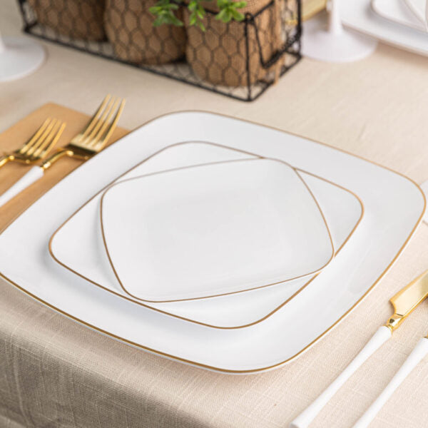 White and Gold Rim Square Plastic Plates 10 Pack - Organic