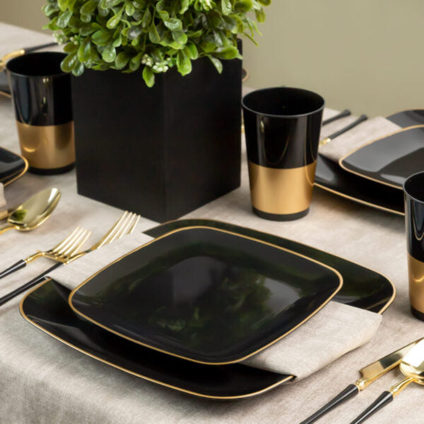 32 Pack Black and Gold Square Plastic Dinnerware Set (16 Guests) - Organic