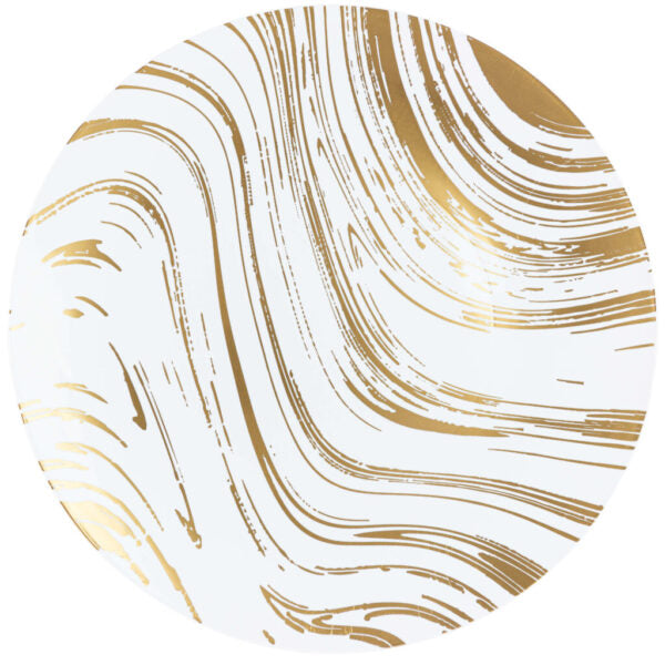 White and Gold Round Plastic Plates - Curve