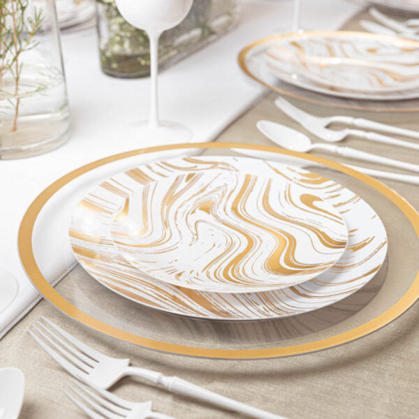 32 Pack White and Gold Round Plastic Dinnerware Set (16 Guests) - Curve