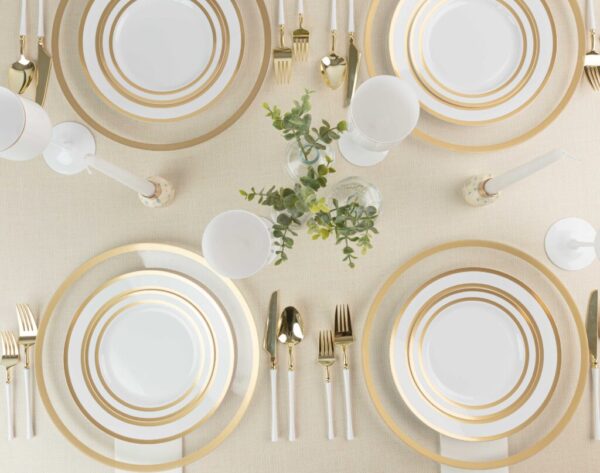 32 Pack White and Gold Rim Plastic Dinnerware Set (16 Guests) - Symmetry