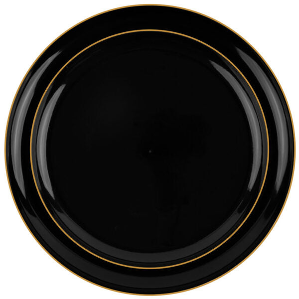 Black/Gold Rim Round Plastic Plates 10 Pack- Edge