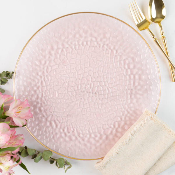 Pink and Gold Rim Transparent Hammered 13″ Round Plastic Charger Plate - 4 Pack