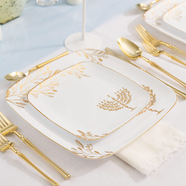 20 Piece Combo White and Gold Square Plastic Dinnerware Set 10" and 7.25" (10 Servings) - Chanukah