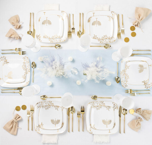 20 Piece Combo White and Gold Square Plastic Dinnerware Set 10" and 7.25" (10 Servings) - Chanukah