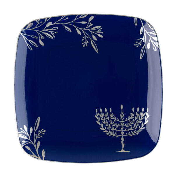 24 Piece Combo Blue and Silver Square Plastic Dinnerware Set 10" and 7.25" (12 Servings) - Chanukah