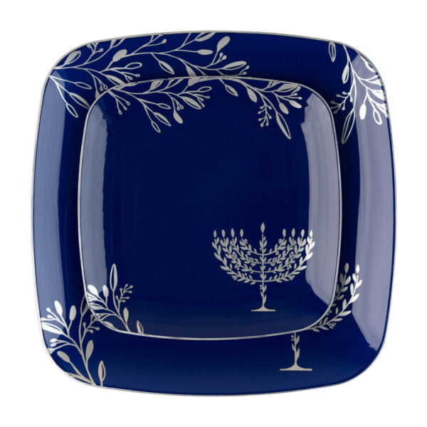 24 Piece Combo Blue and Silver Square Plastic Dinnerware Set 10" and 7.25" (12 Servings) - Chanukah