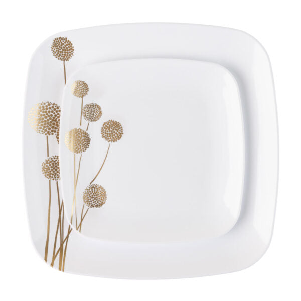 32 Pack White and Gold Square Plastic Dinnerware Set (16 Guests) - Dandelion