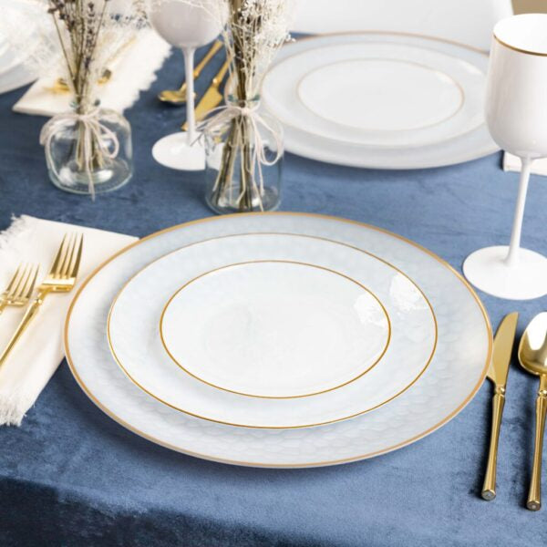 32 Piece Combo Transparent White/Gold Hammered Round Plastic Dinnerware Set (16 Servings) - Organic Hammered