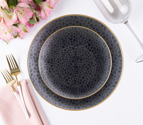 Transparent Black and Gold Round Hammered Plastic Plates - Organic Hammered