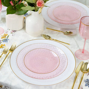 Pink and Gold Round Hammered Plastic Plates Set
