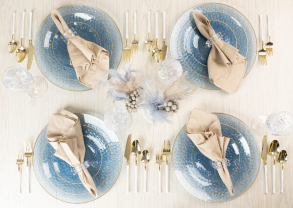 32 Piece Combo Blue/Gold Hammered Round Plastic Dinnerware Set (16 Servings) - Organic Hammered