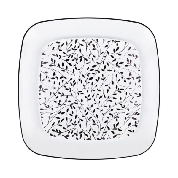 32 Piece Combo Black/White Leaf Square Plastic Dinnerware Set (16 Servings) - Organic Leaf