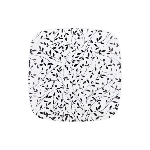 7.25" Black and White Square Leaf Plastic Plates 10 Pack - Organic Leaf