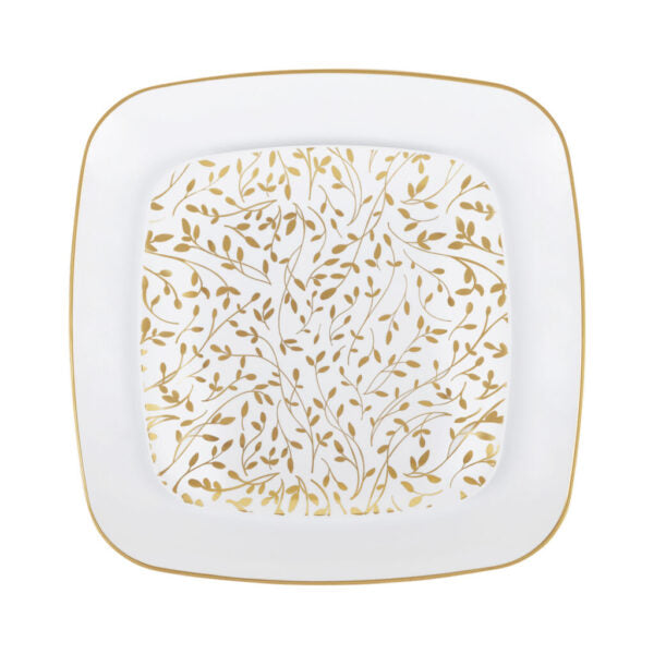 32 Piece Combo Gold/White Leaf Square Plastic Dinnerware Set (16 Servings) - Organic Leaf