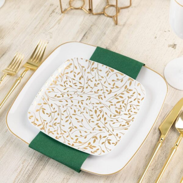 7.25" Gold and White Square Leaf Plastic Plates 10 Pack - Organic Leaf