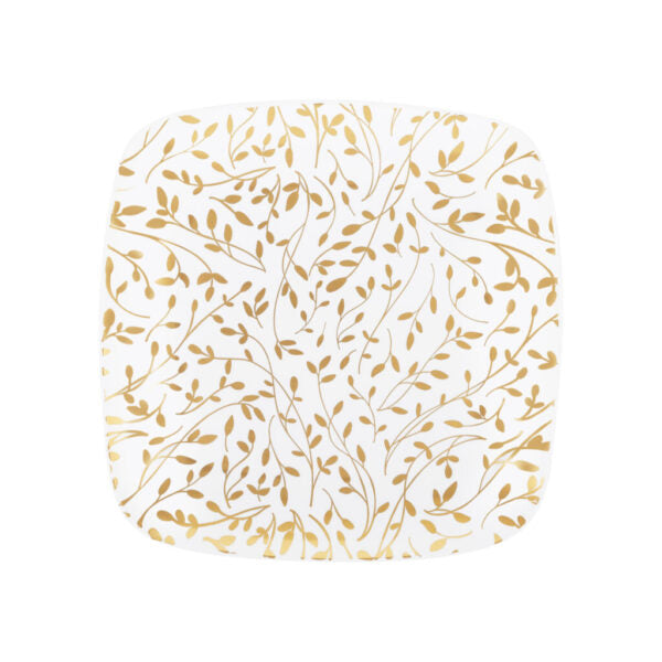 7.25" Gold and White Square Leaf Plastic Plates 10 Pack - Organic Leaf