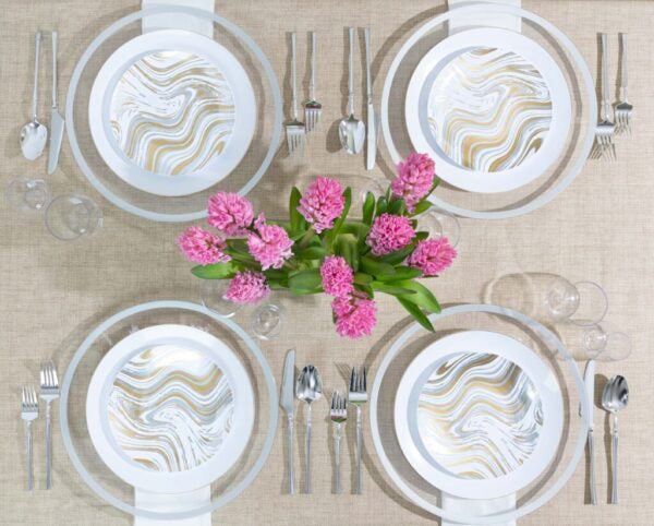 32 Pack Gold and Silver Round Plastic Dinnerware Set (16 Guests) - Curve