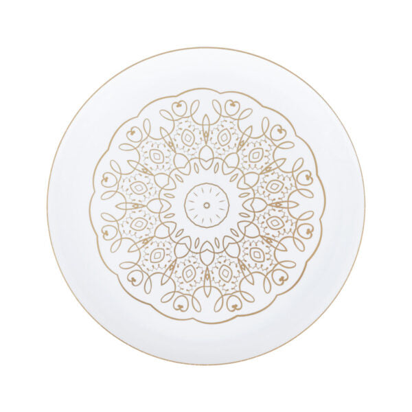 20 Pack White and Gold Round Plastic Dinnerware Set (10 Guests) - Medallion
