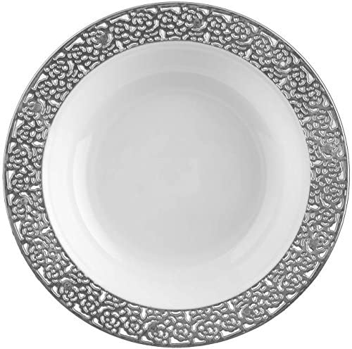 White and Silver Round Plastic Plates - Lace