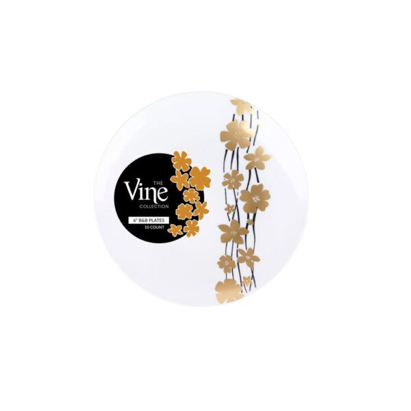 Black and Gold Round Plastic Plates - Vine