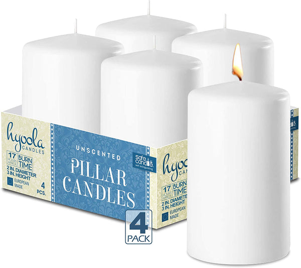 White Pillar Candles Unscented Dripless Clean Burning Smokeless Dinner Candle 2" x 3" 4 Pack