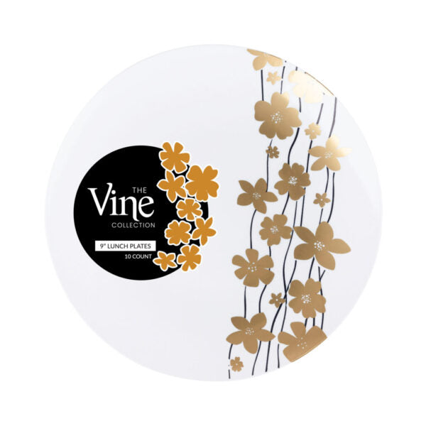 Black and Gold Round Plastic Plates - Vine